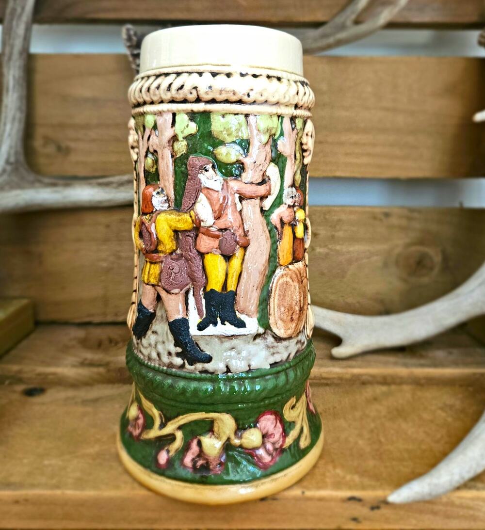 German Ceramic Beer Stein Relief Drinking Scene "Bier oder Wein" Breweriana